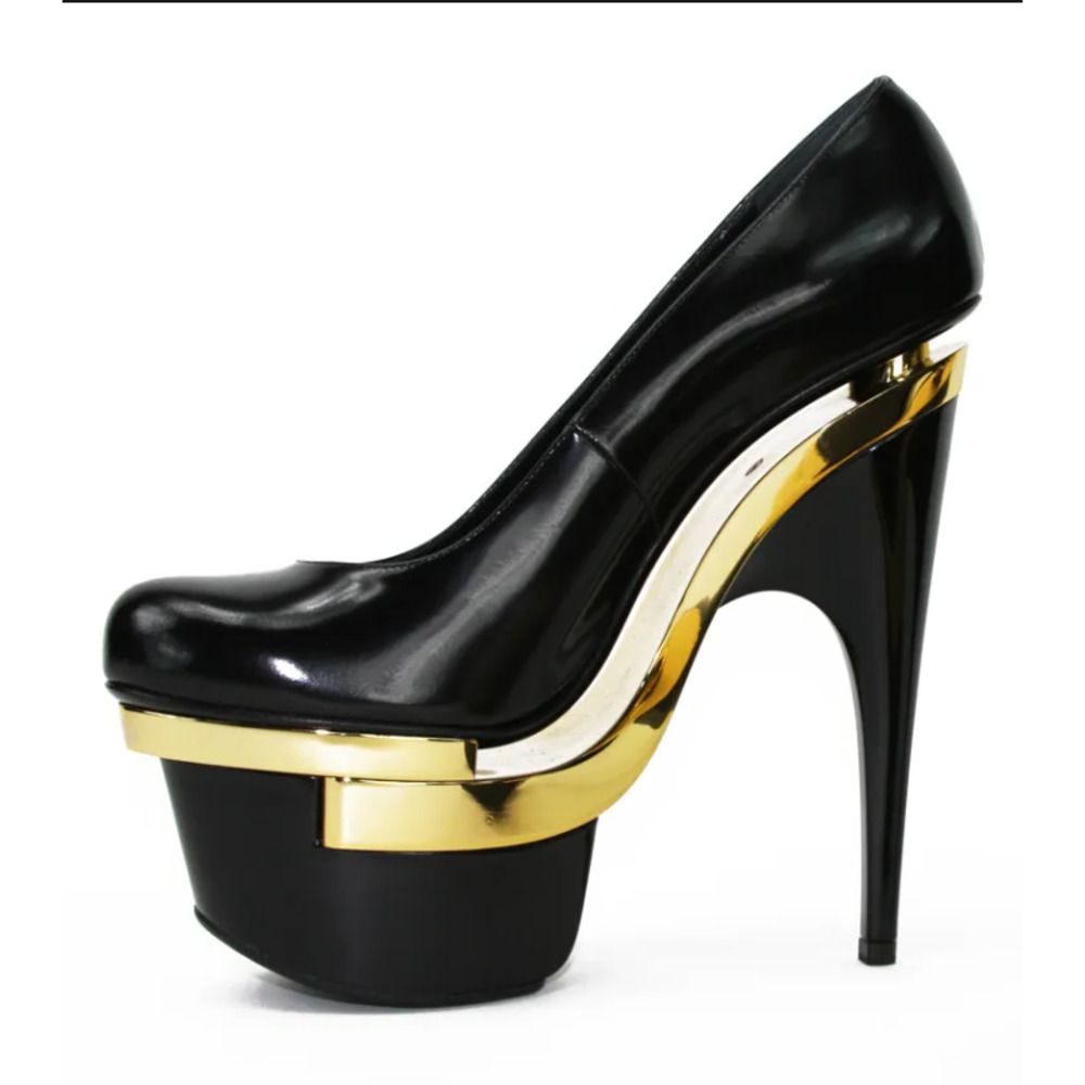 Versace Black Gold Triple Platform Leather Pumps Sky High Heel Shoes 41- RARE